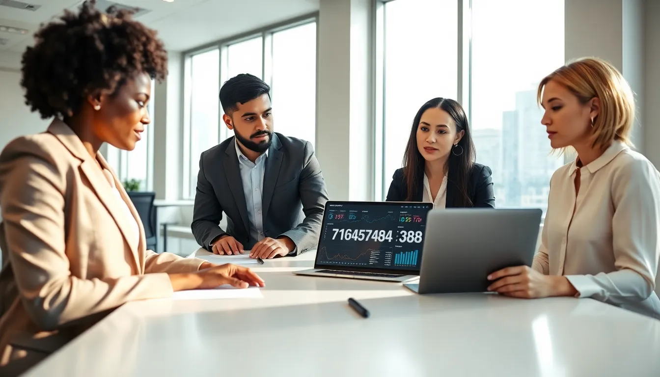 diverse professionals discussing data in a modern office setting.