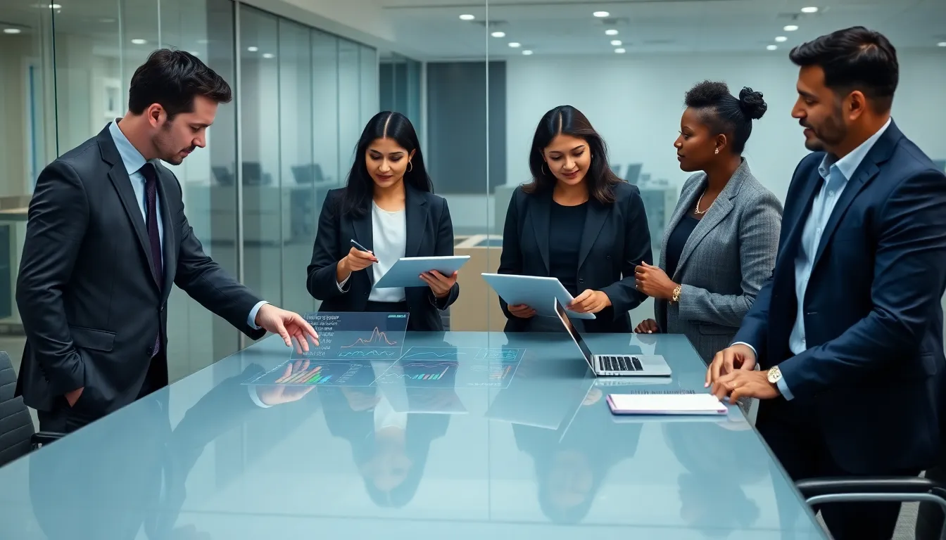 diverse professionals discussing telecommunications data in a modern office.