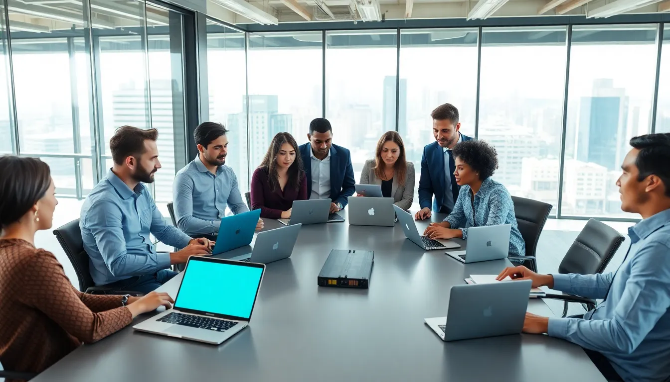 diverse team collaborating in a modern office setting.