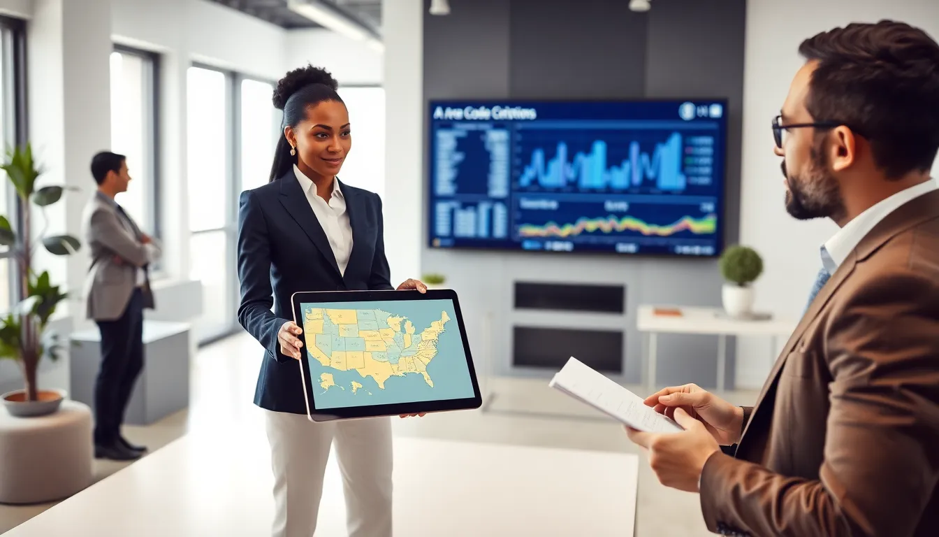 diverse team discussing U.S. area codes in a modern office setting.