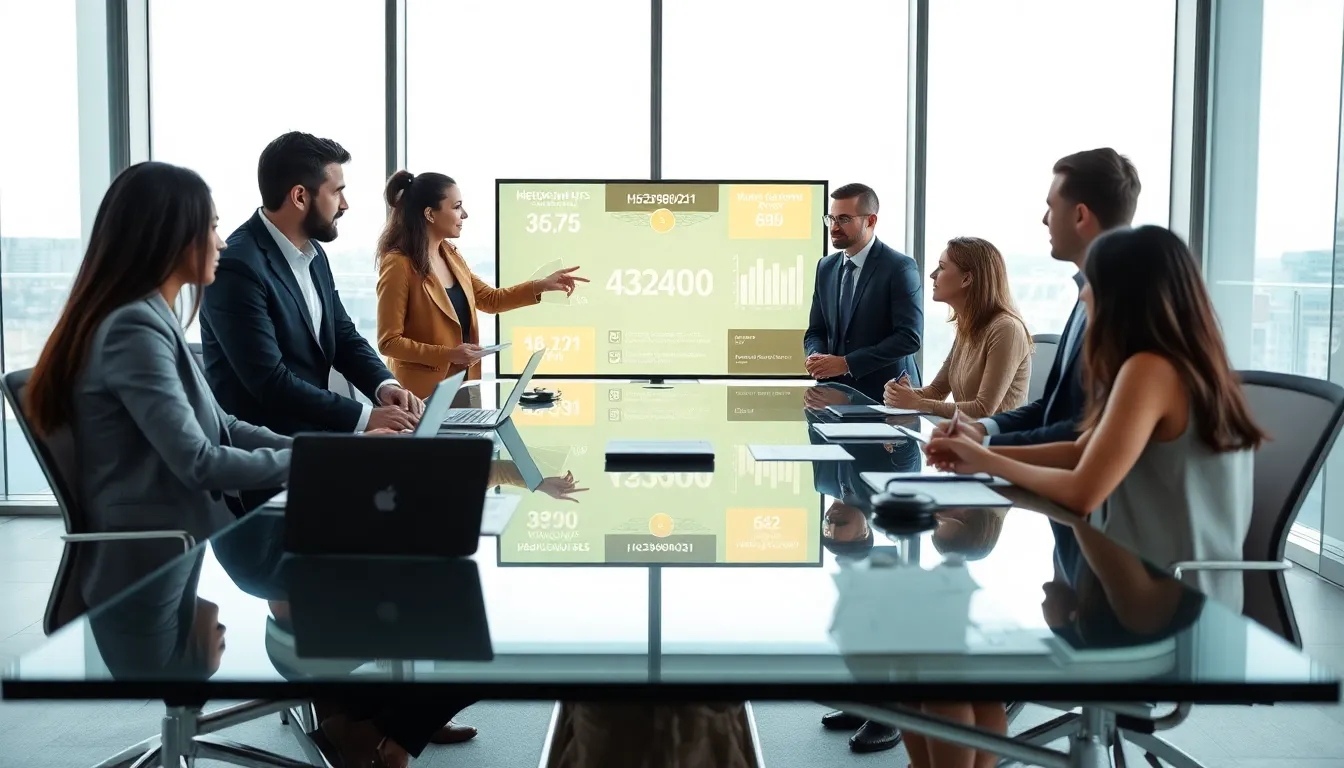 professionals discussing the historical significance of a number in a modern office.